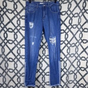 Q2 unique denim distressed frayed hem Jeans - 8